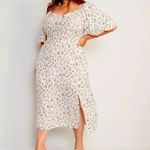 Floral White Puff-Sleeve Dress 3XL with Slit